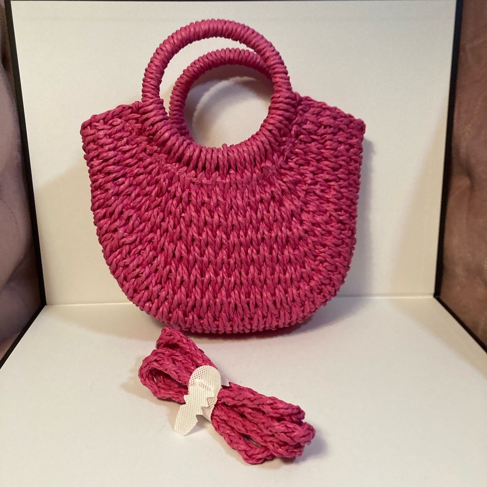 Woven Pink Straw Handbag with Round Handles